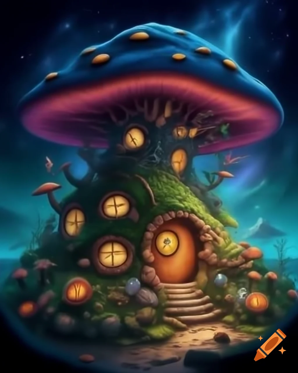 Mushroom hobbit tree house by galactic lake, dark fantasy art, soft lighting
