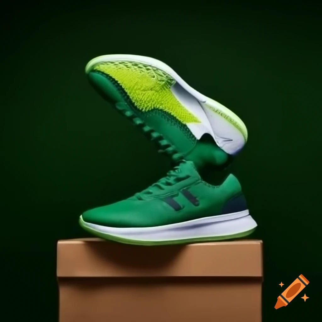 Realistic shoe box with sports shoe floating out, featuring #JDgreen label