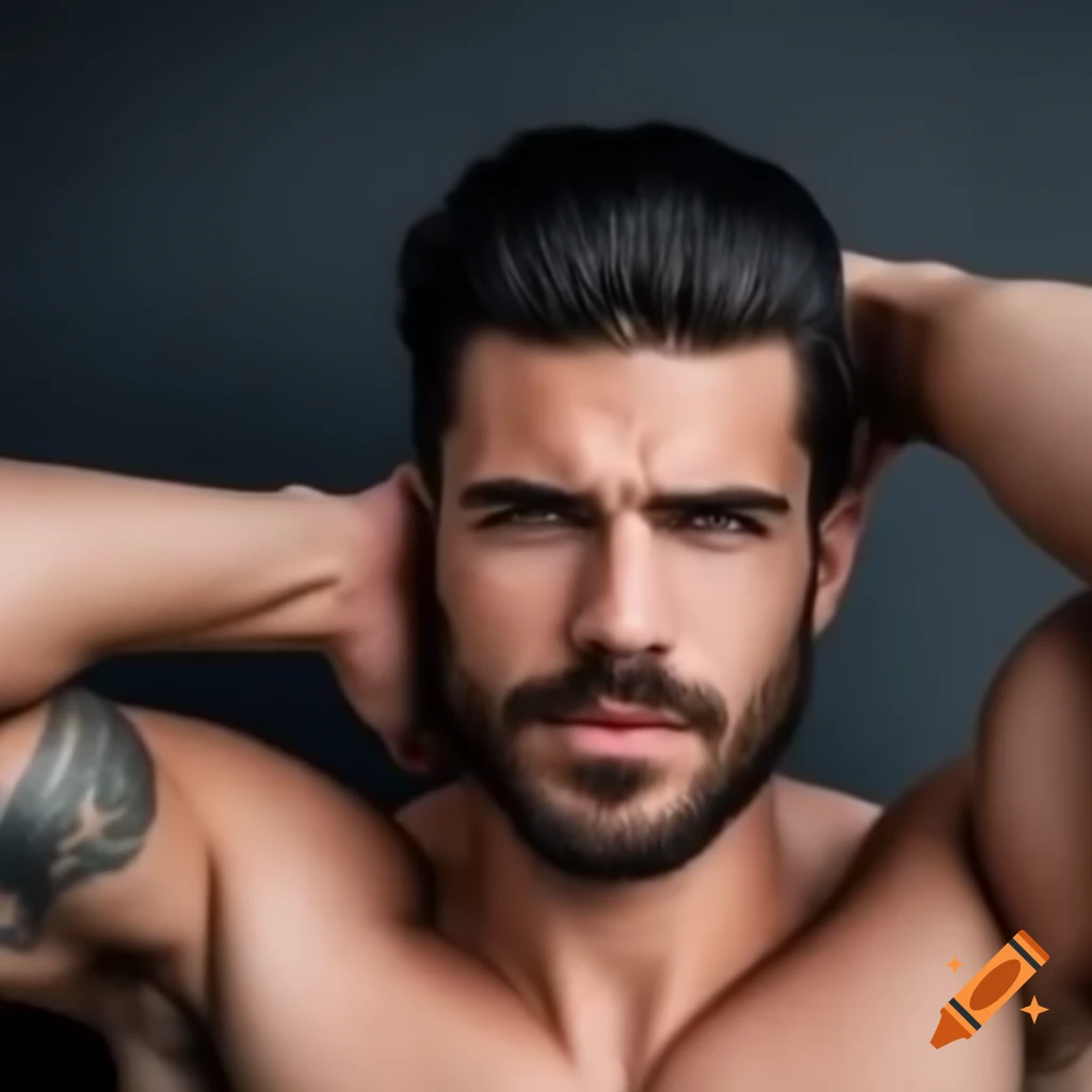 Brunette man with tattoos on arms, muscular physique
