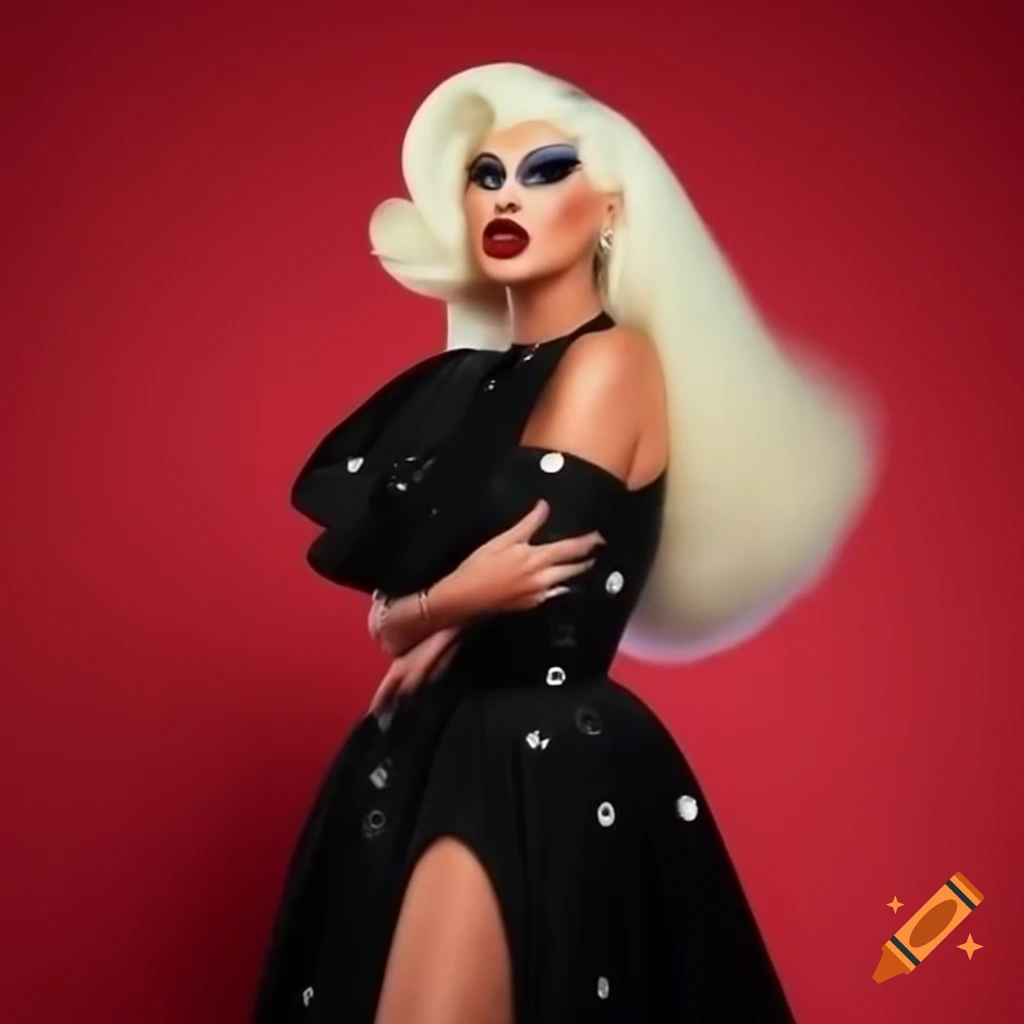 High fashion queen in black dress with star cutouts and blonde hair, modern style