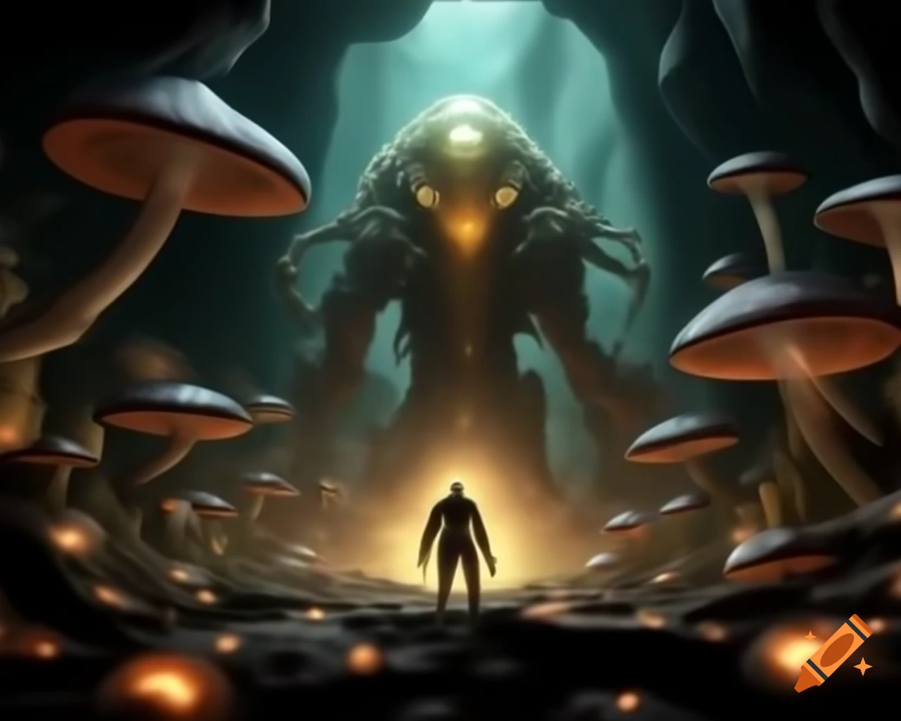 Cyborg meets luminous creature in cave with glowing mushrooms