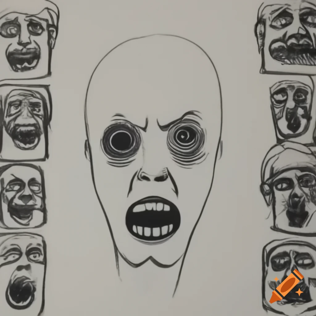 Grotesque human head with two faces yelling, in Junji Ito and woodcut style