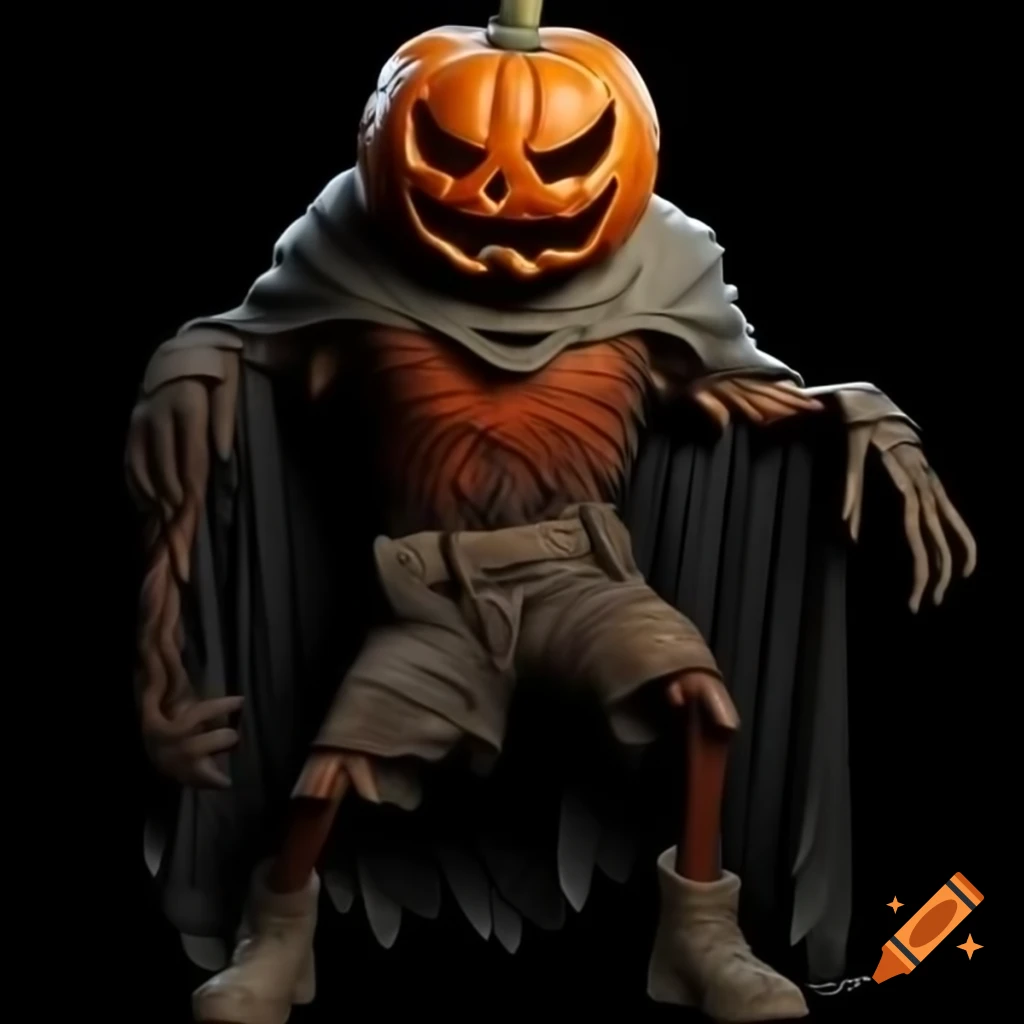 Sinister pumpkin character with skeleton body and tattered clothing