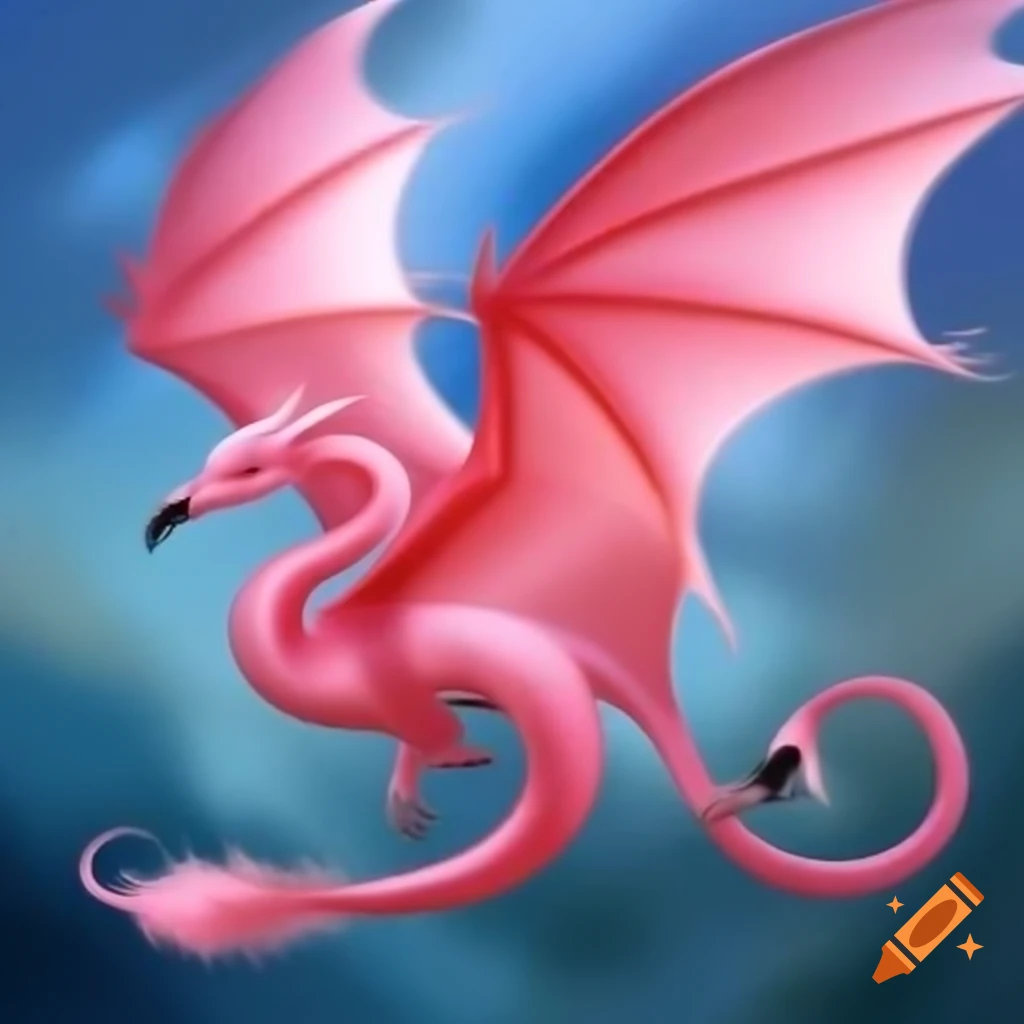 Pink dragon with flamingo-like wing and black beak flying