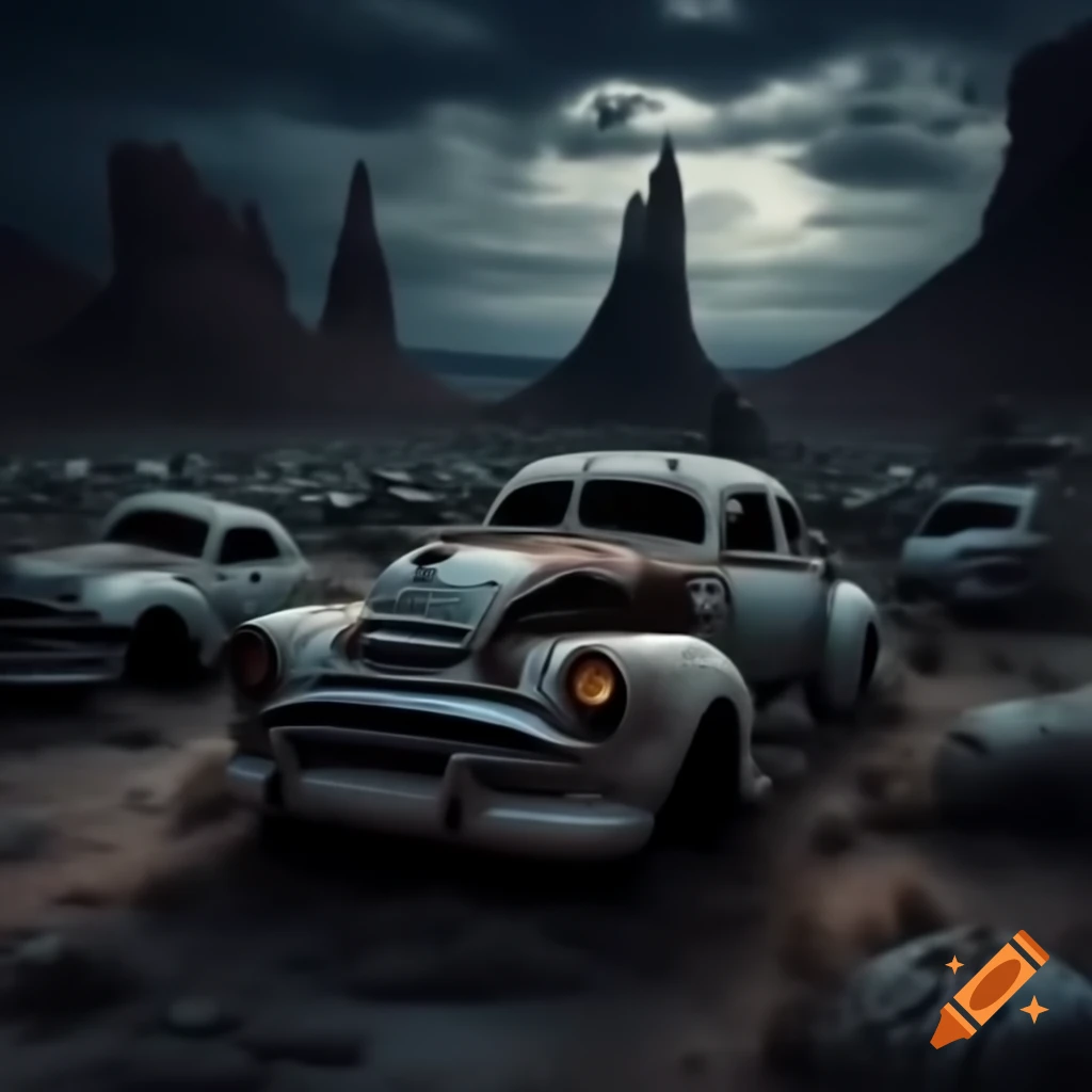 Ghosts emerging in a dark haunted car junkyard at night