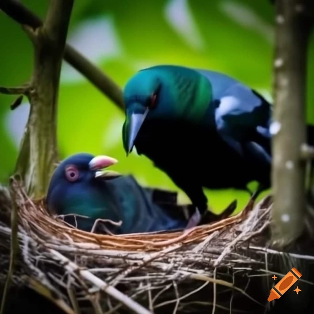 Pigeon feeding crow in nest in deep forest