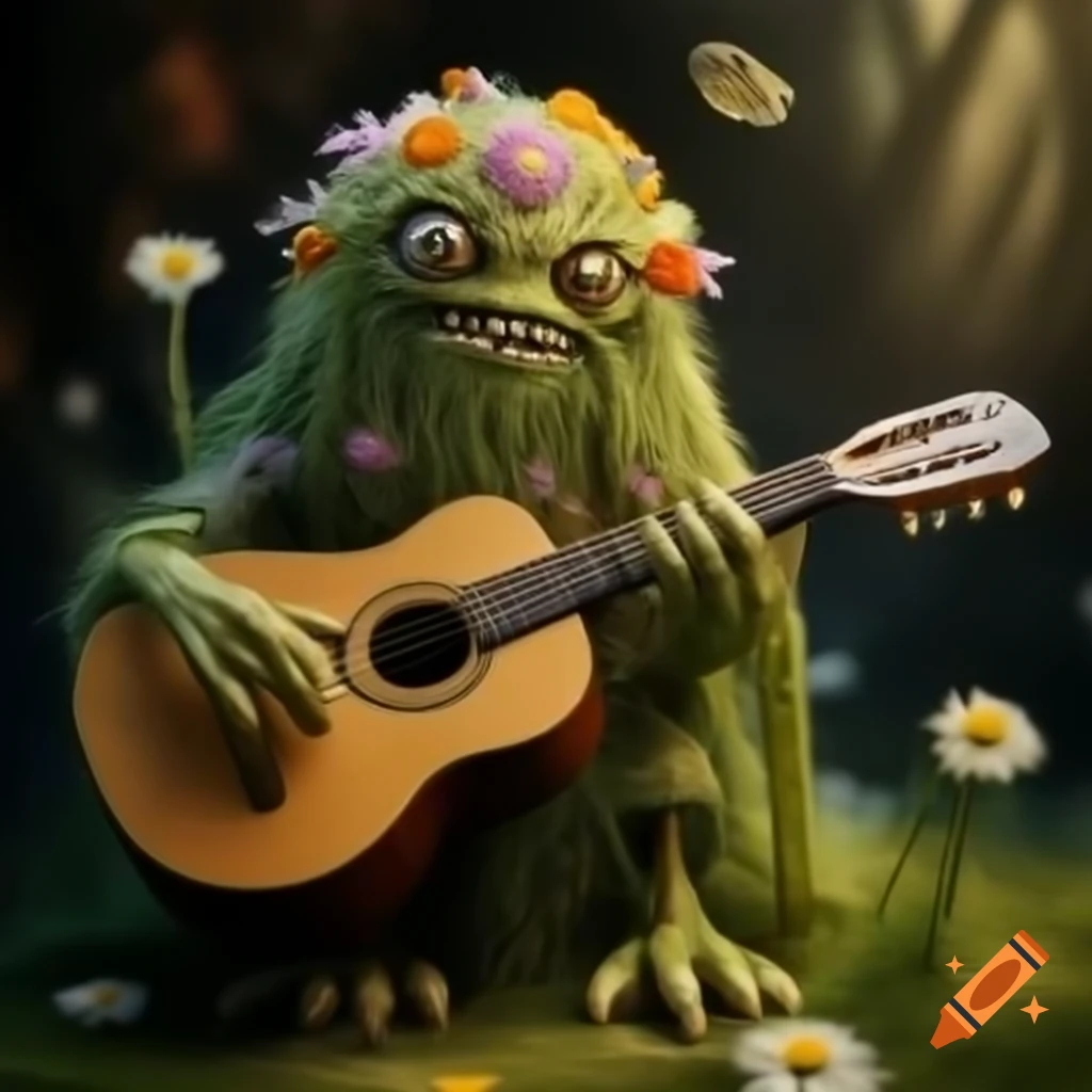Wildflower monster playing acoustic guitar in hobbit hovel, highly detailed