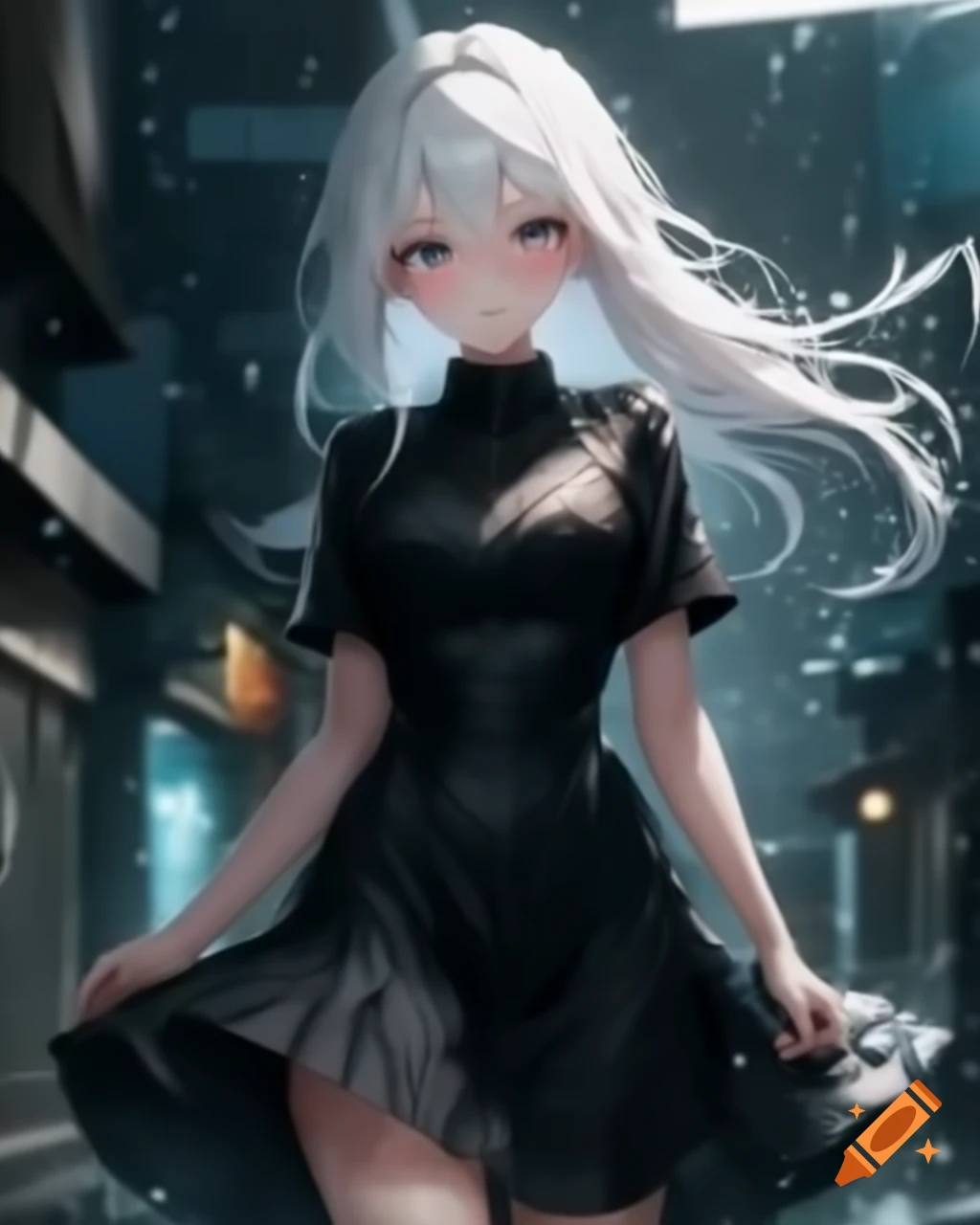 Anime character with white hair in a black dress on a rainy day