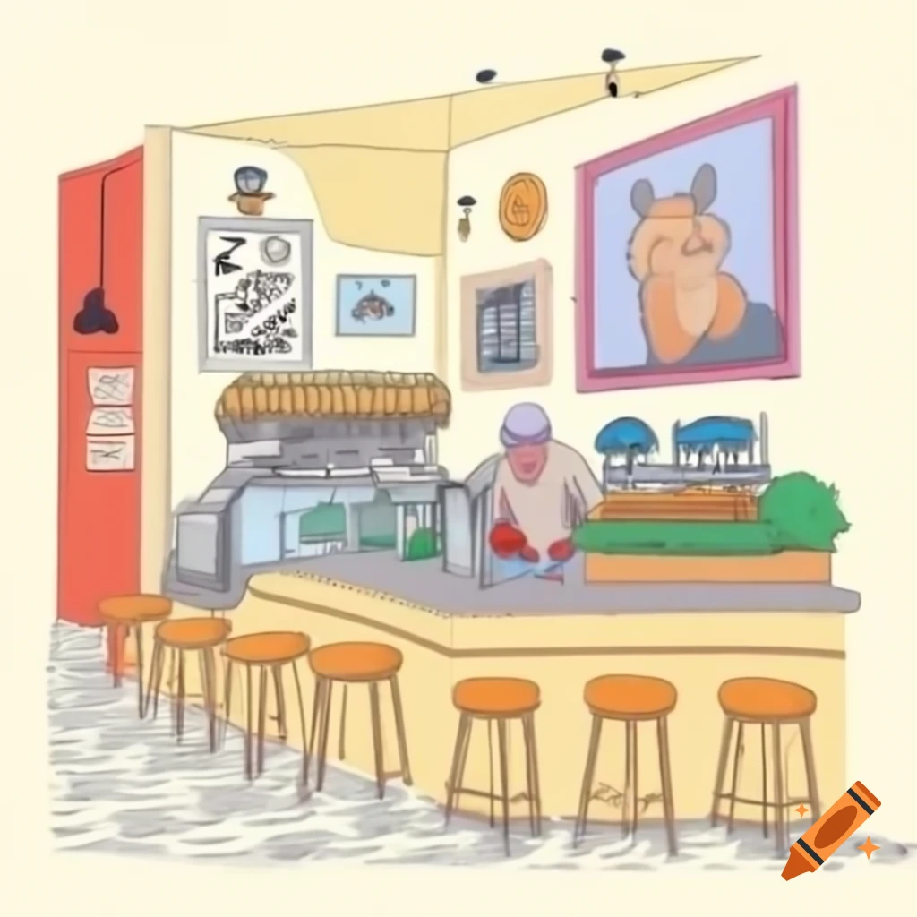 Realistic cafe interior drawing featuring wall art and mascot