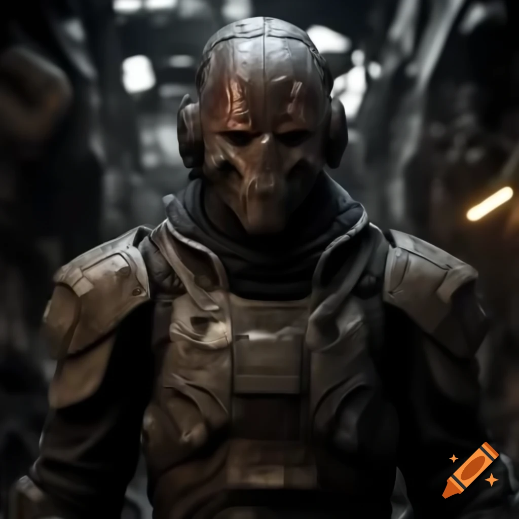 Realistic masked human pirate in sci-fi armor made from high-tech scrap