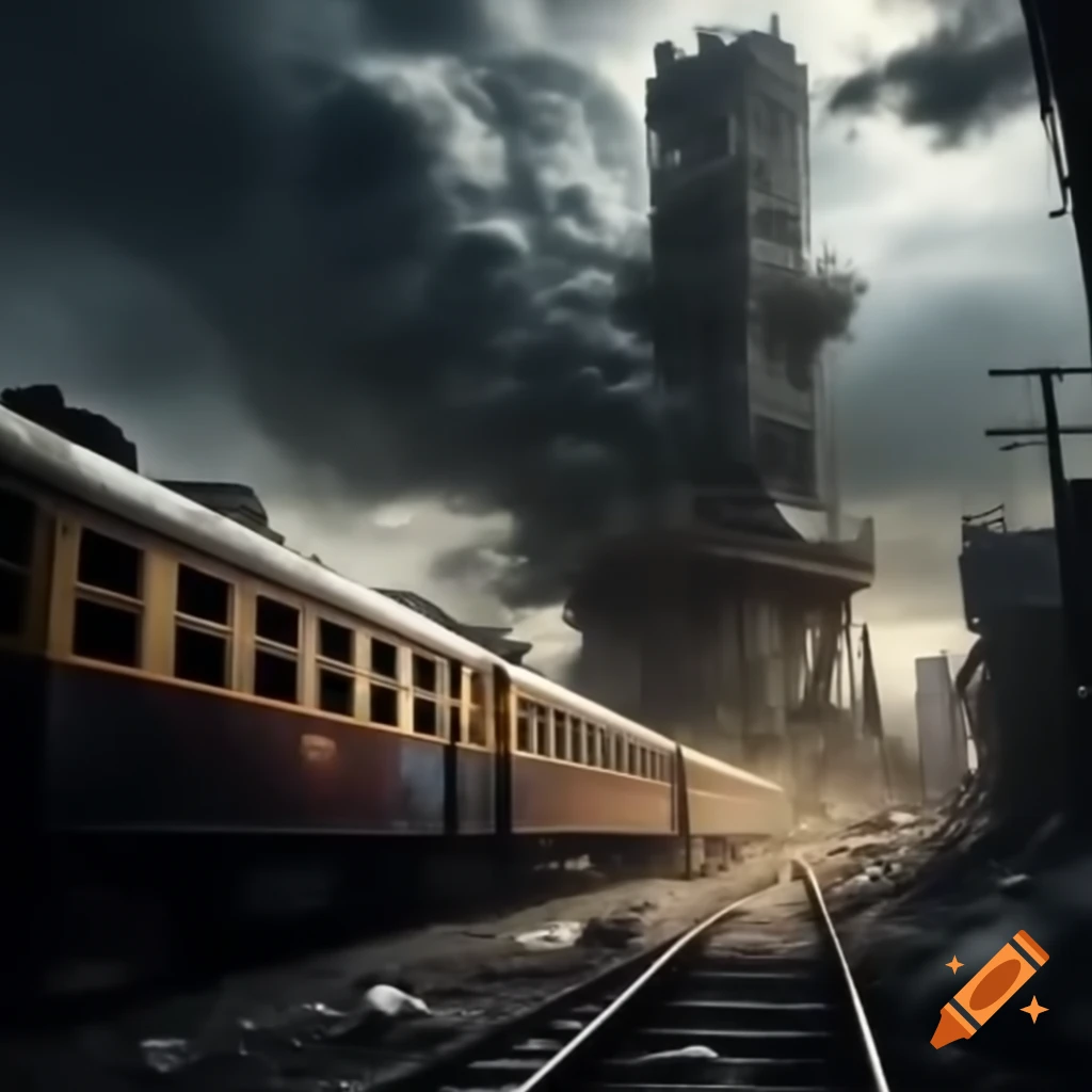 Destruction of tower and train station with plane crashing