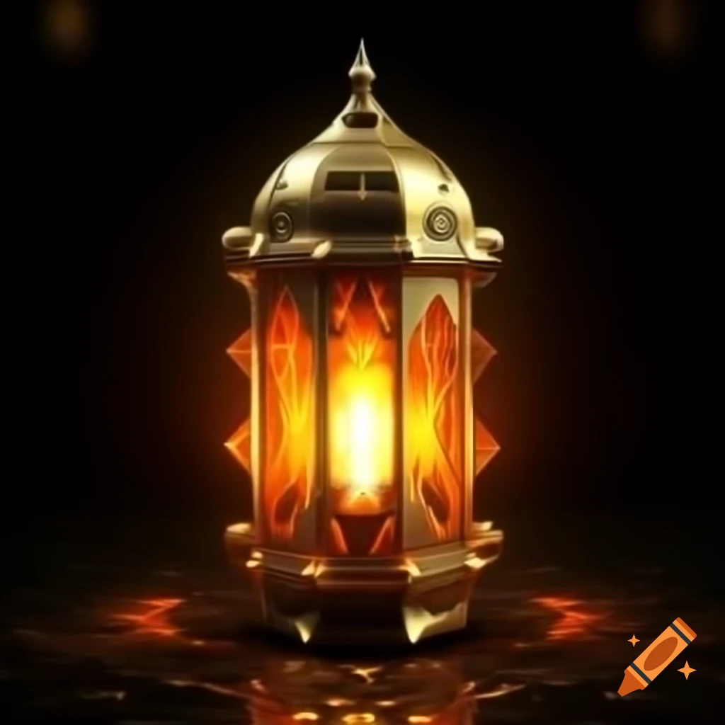High-end logo of vibrant orange-gold Muslim lantern with glass and gold trim, 3D render