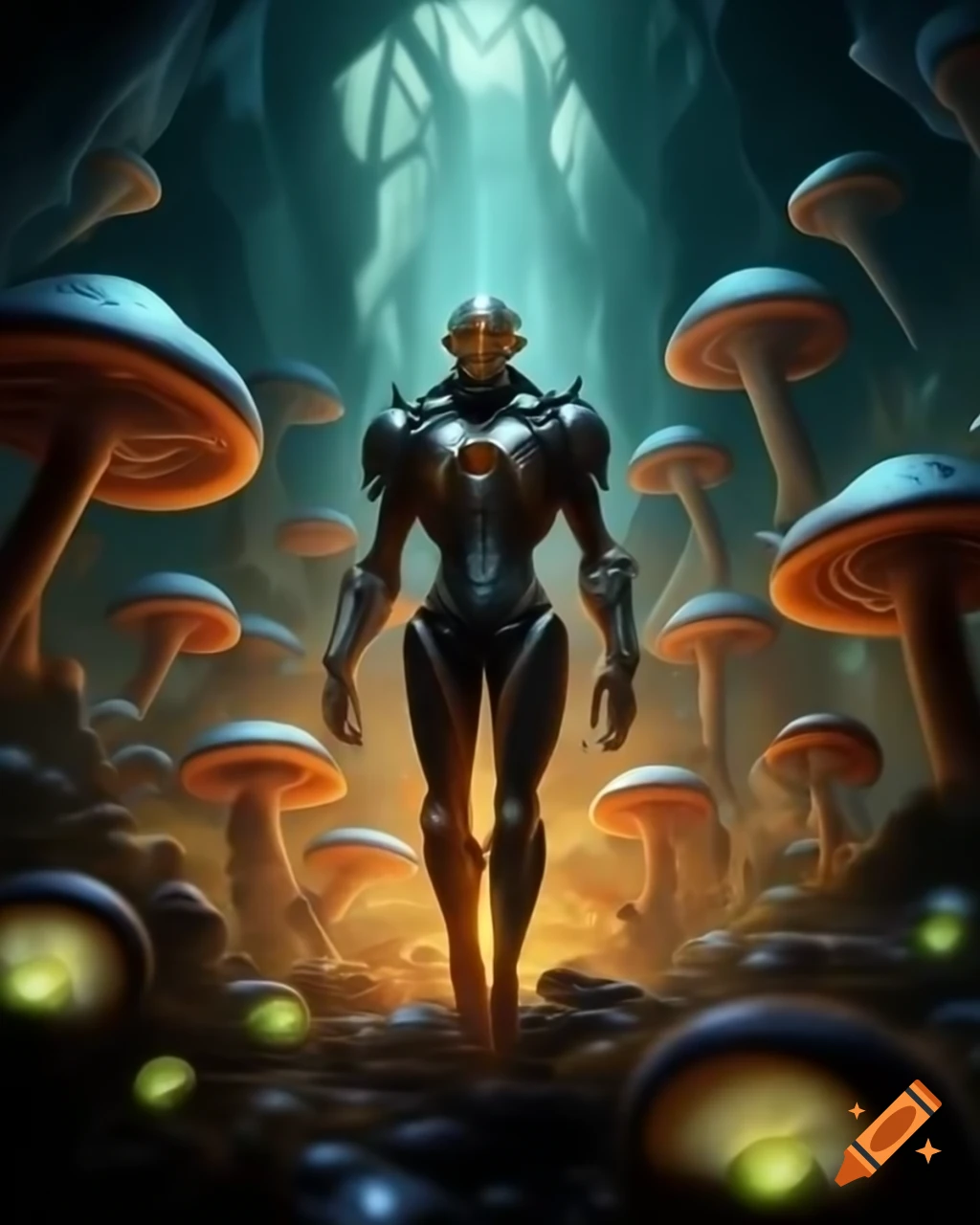 Silhouette of cyborg in luminous cavern with glowing mushrooms and emerging creature