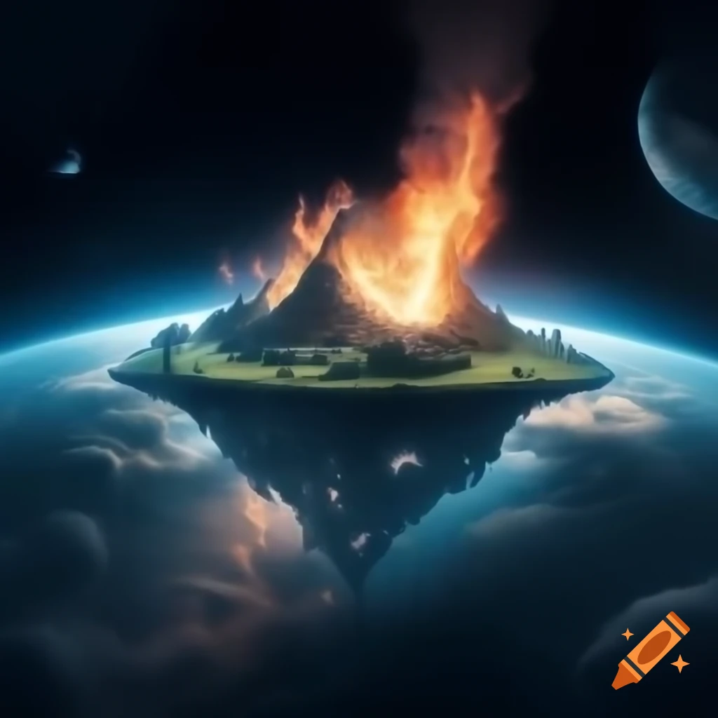 Giant island floating in space illuminated by flames and distant stars