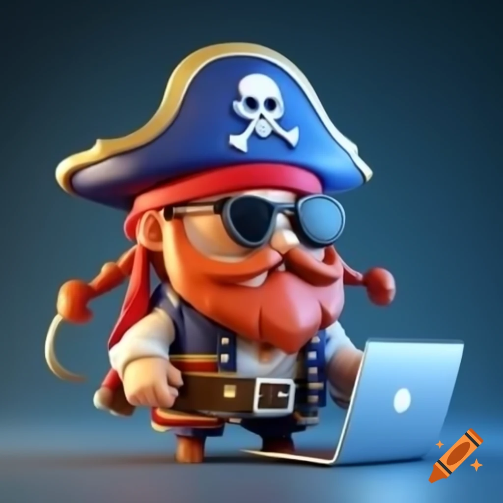 Cute 3D pirate using a laptop