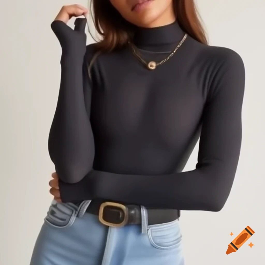 Fashionable woman in spandex turtleneck and jeans with unzipped puffer vest