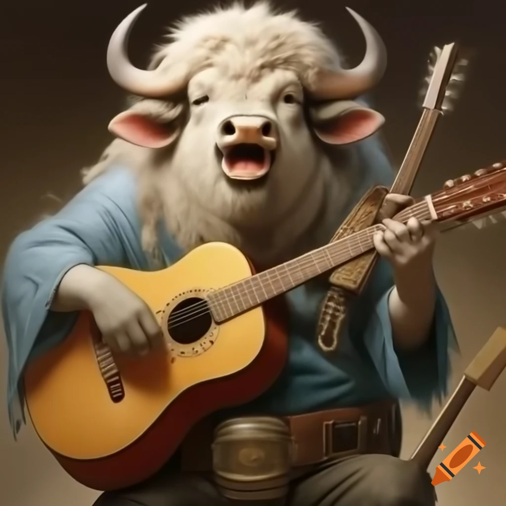 Buffalo with white long hair laughing and holding a guitar