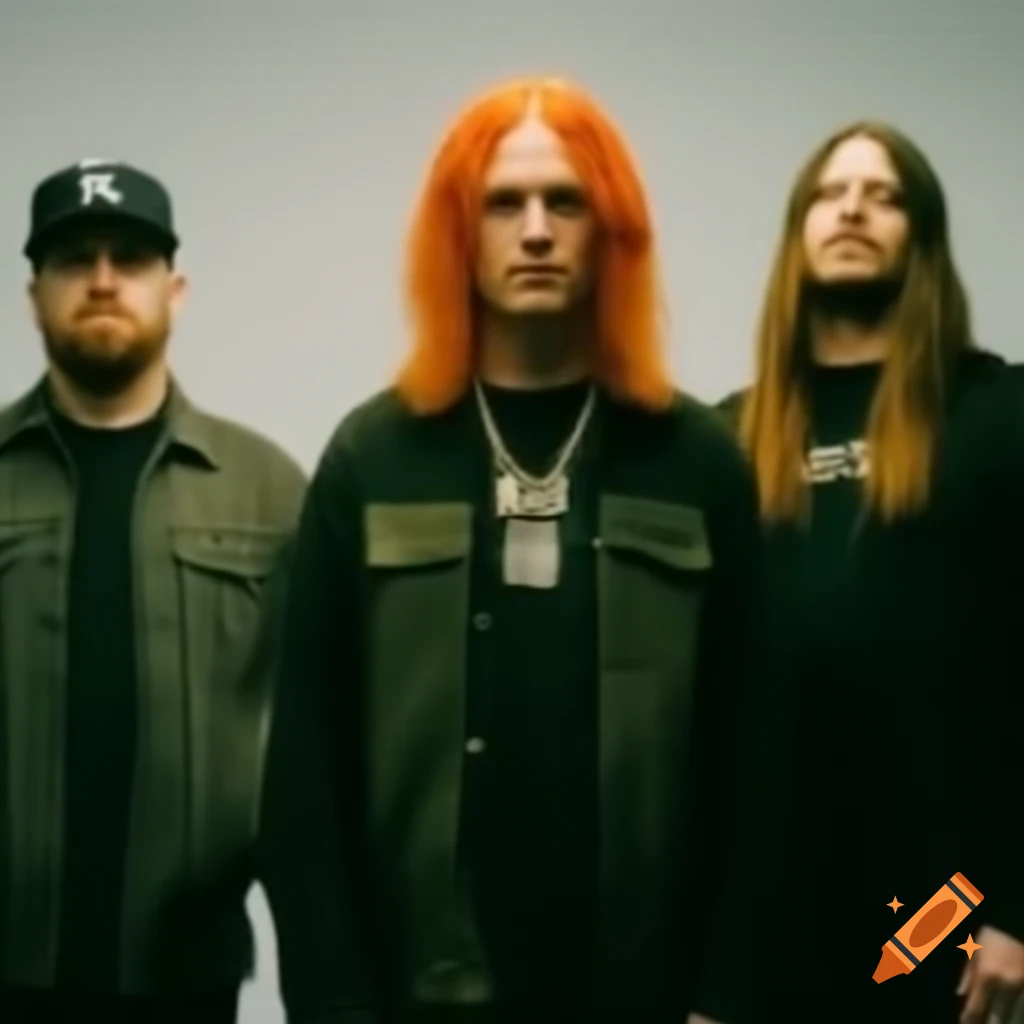 Three Caucasian men with orange, brown, and blonde hair in artistic pose reminiscent of album cover