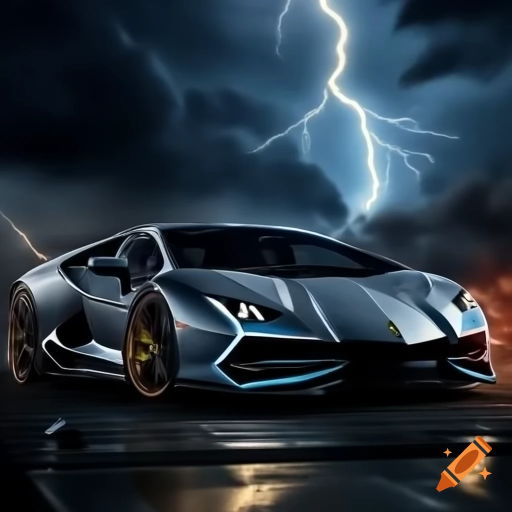 Lamborghini Aventador in dimly lit warehouse struck by lightning