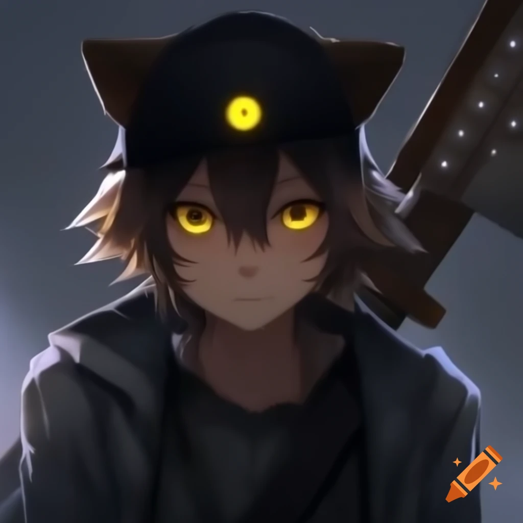 Older anime character Niko with ripped clothes and glowing yellow eyes, holding a rusty machete