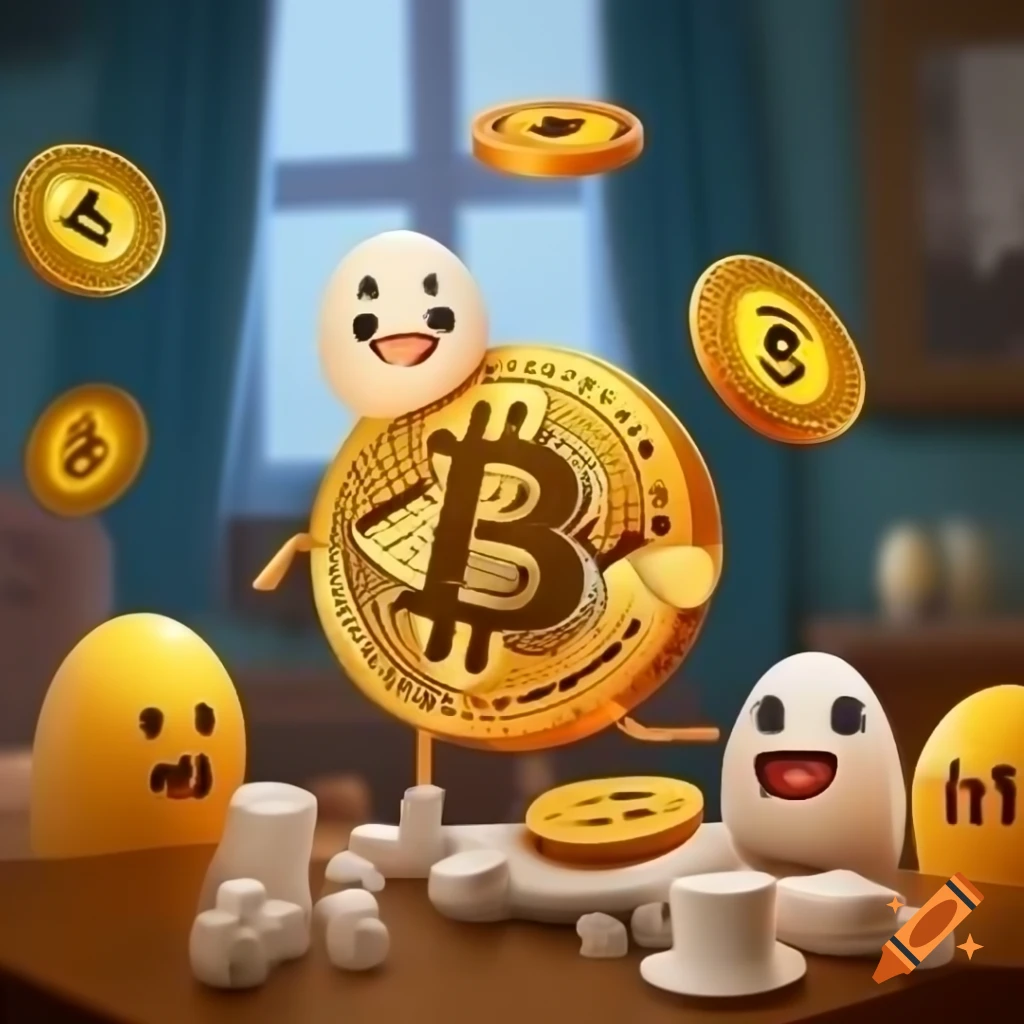 Cartoon characters representing blockchain tokens in cozy room eating egg tarts