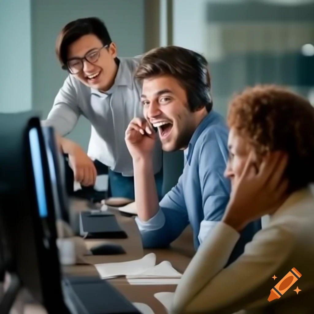 Business person behind computer celebrating good news