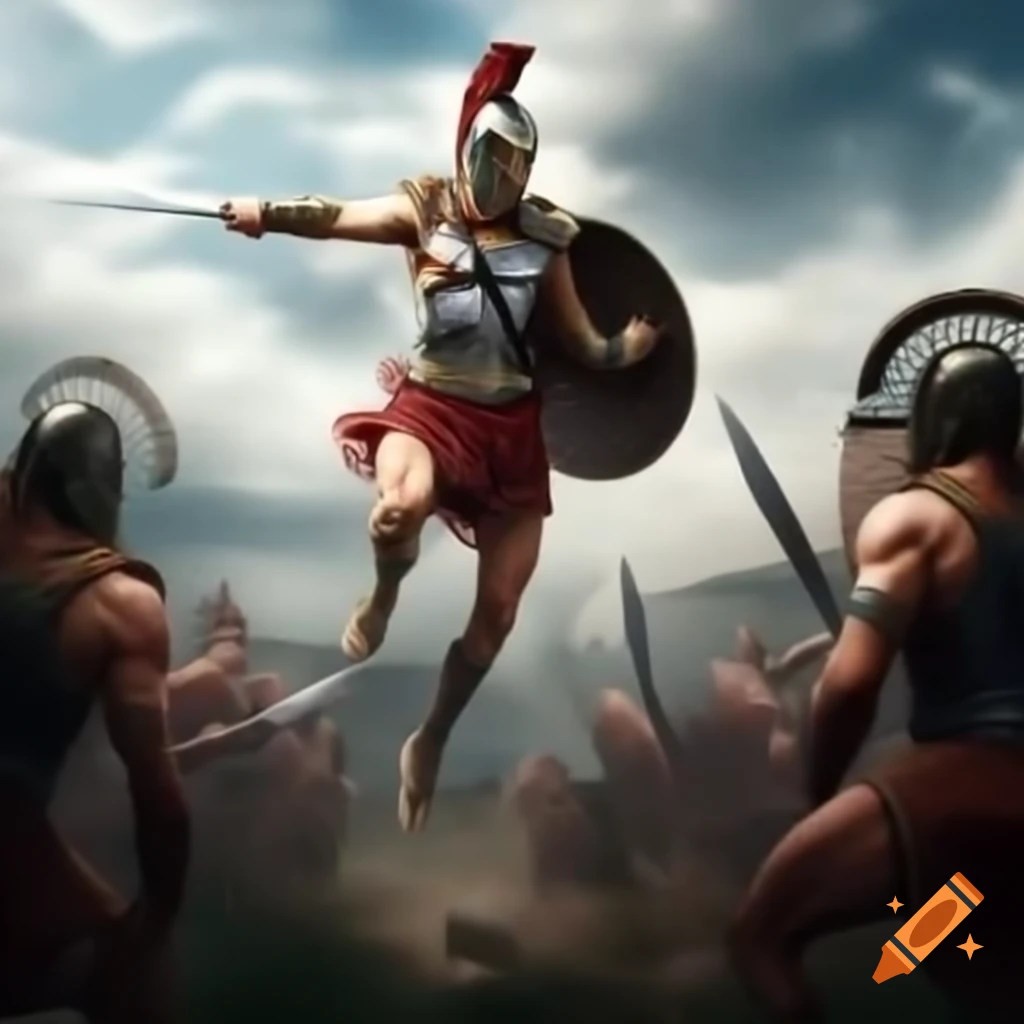 Greek soldier in mid-jump preparing to stab enemy with knife