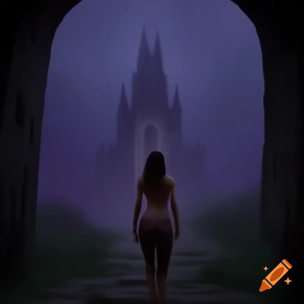 Book cover featuring fit woman looking at Transylvanian castle in night fog with purple hues