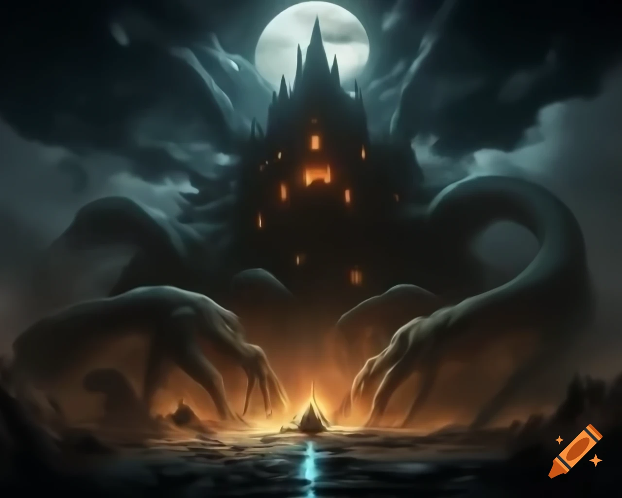 Otherworldly creature destroying castle on the moon