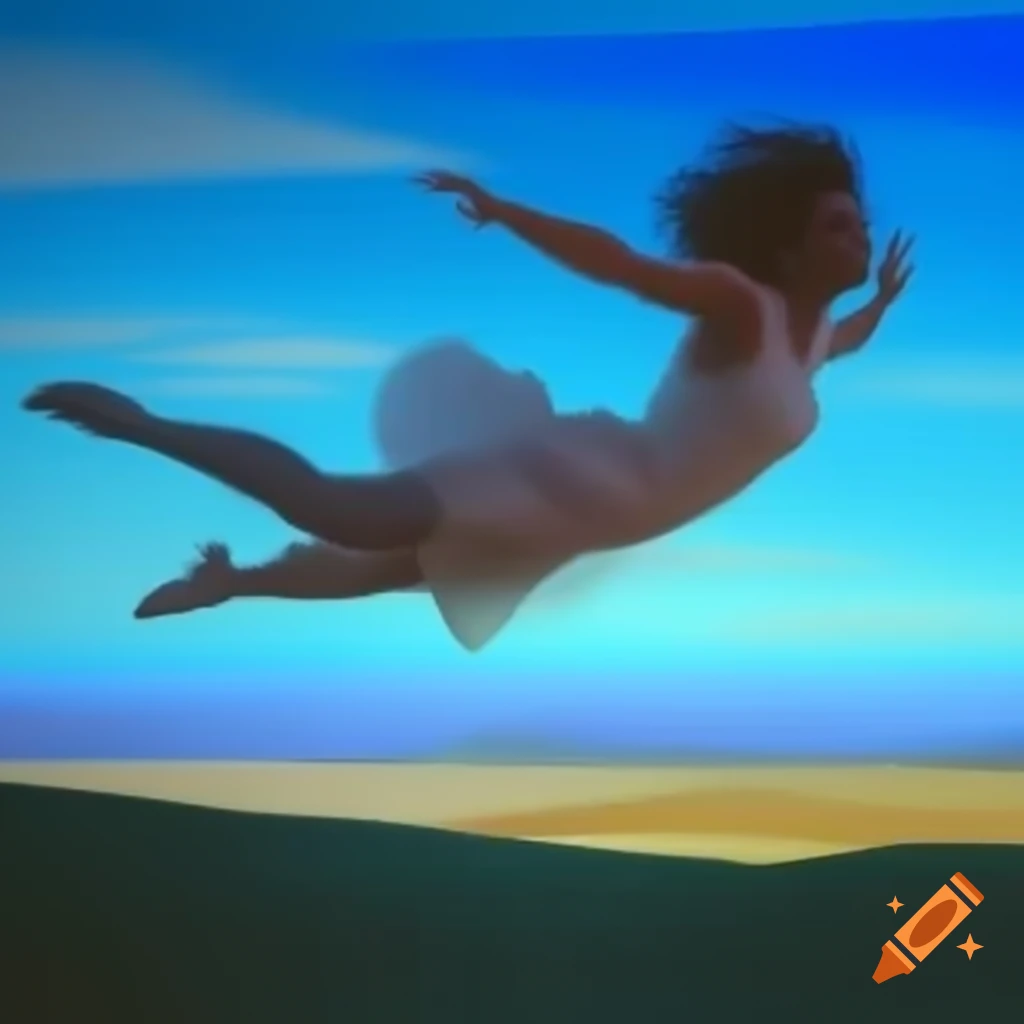Surreal abstract image of a lady floating over a landscape