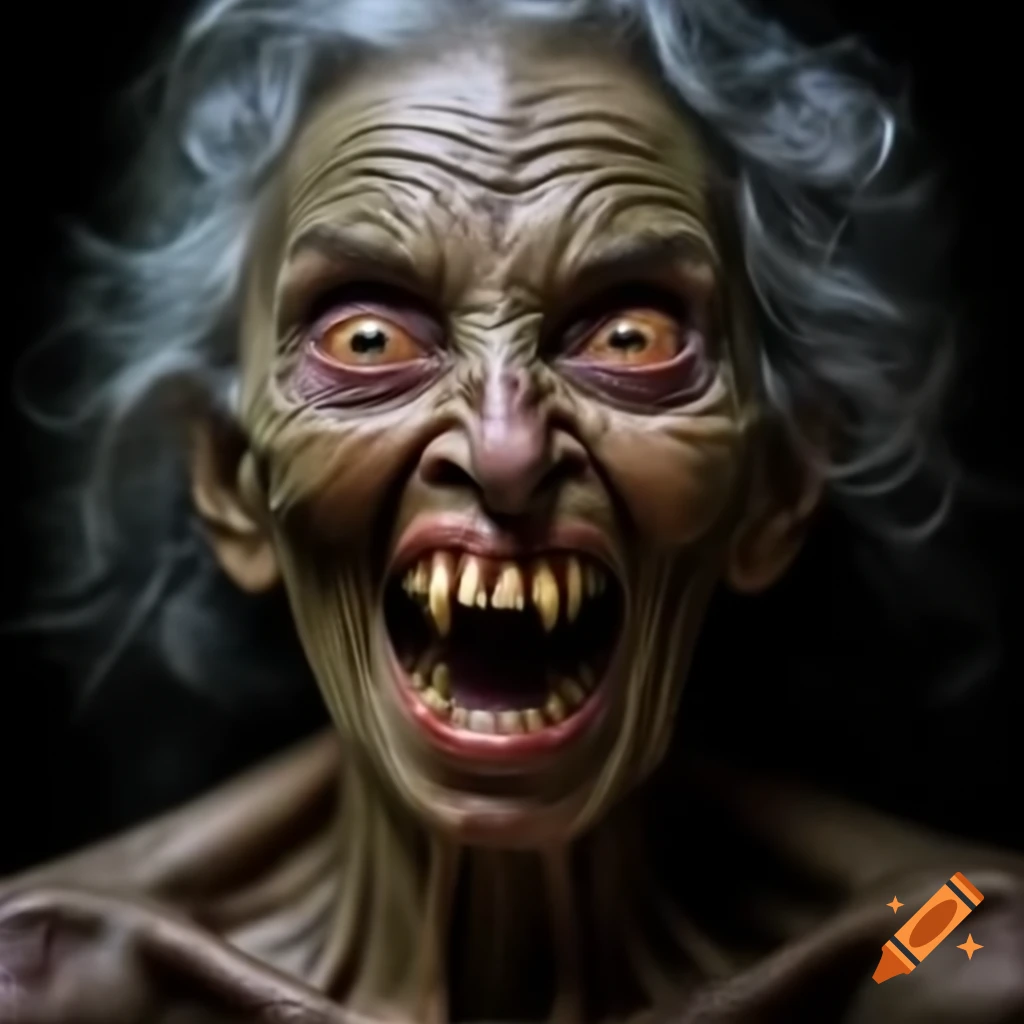 Demonic hag with blotchy skin, milky eyes, and long grey hair in dark atmosphere