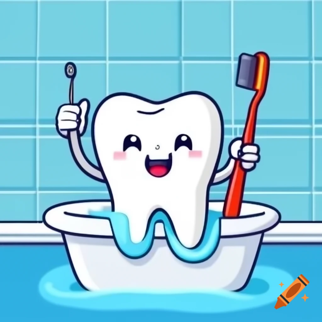 Cartoon tooth with toothbrush enjoying a bath