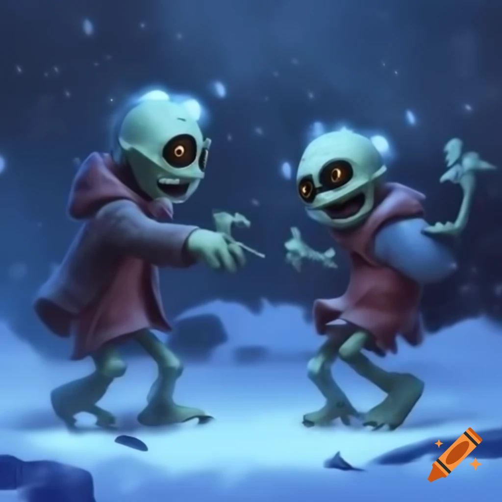 Two zombies dancing in a snowy blizzard