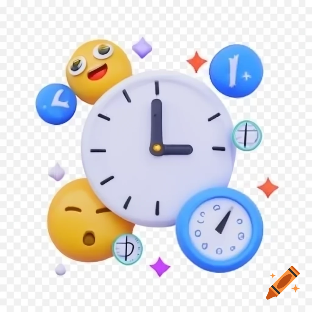 Emojis interacting with clocks in a playful manner