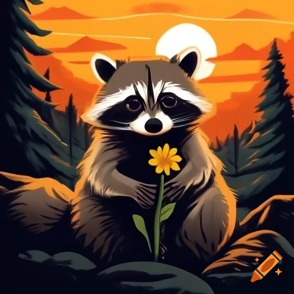 Wise-eyed raccoon holding wildflower at sunset in forest