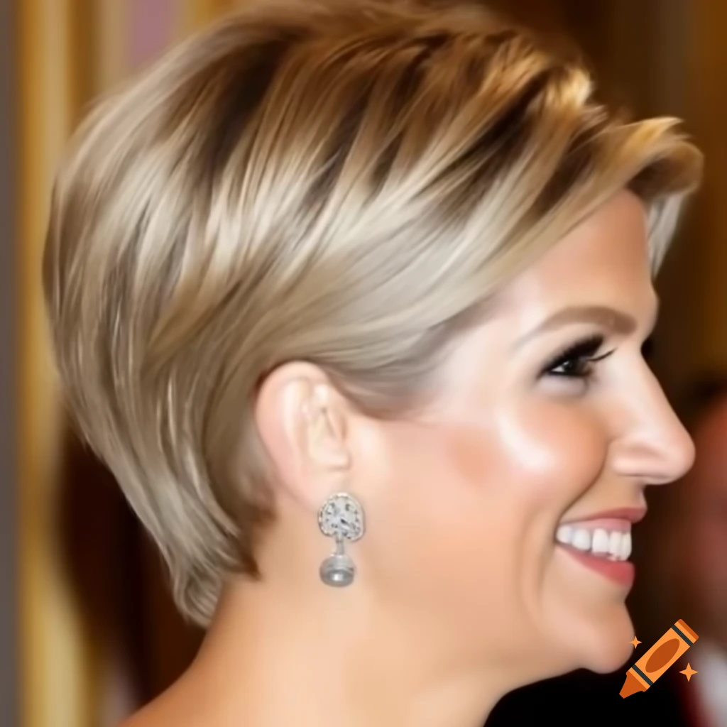 Queen Maxima showcasing a bold short pixie haircut, side and rear view