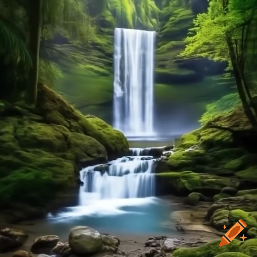 Majestic waterfall flowing through lush greenery