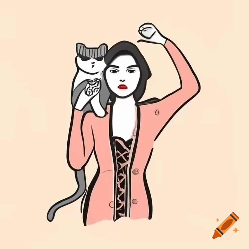 Cartoon woman in cardigan with tuxedo cat in pocket
