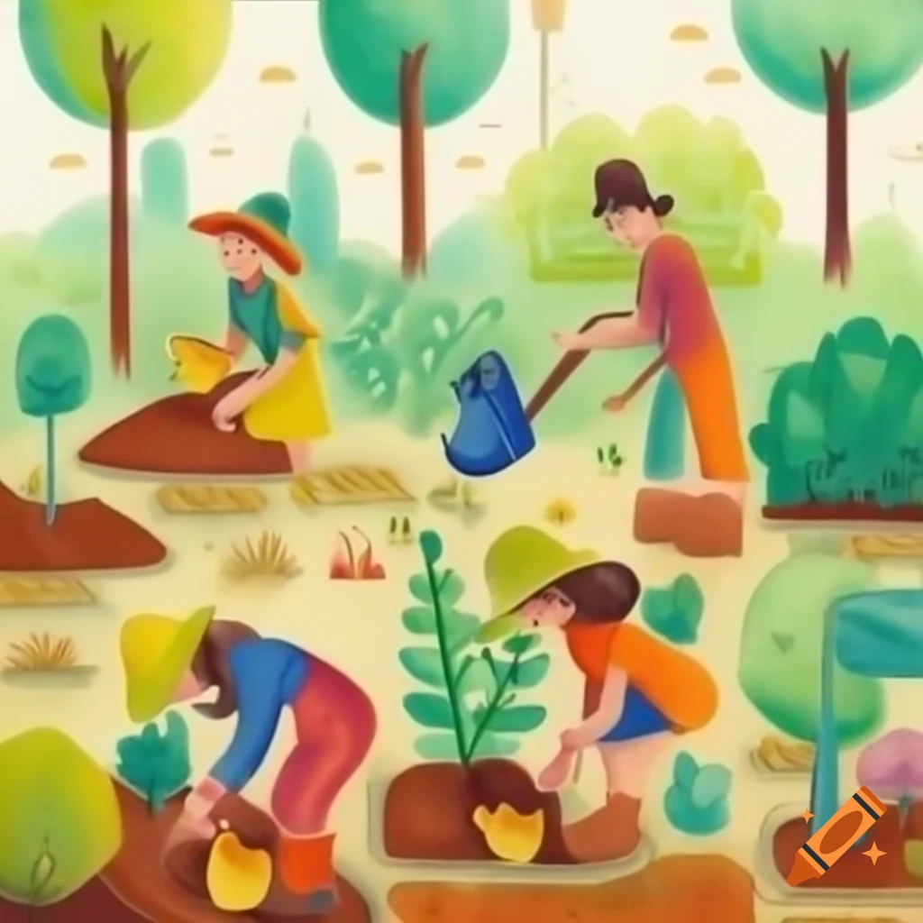 Whimsical watercolor painting of smiling people planting a garden in city square