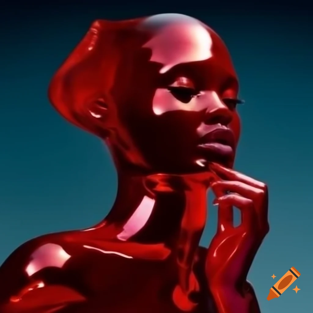 Pop surreal photography featuring iridescent red glass statue
