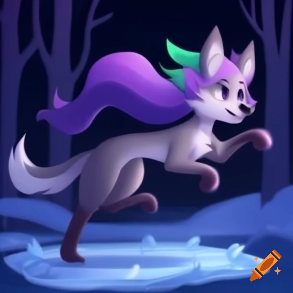 Anthropomorphic female wolf with purple and green hair running in frozen forest at night