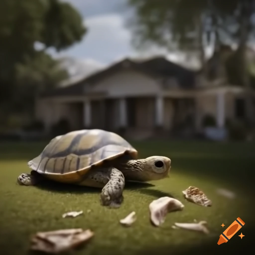 Turtle in suburban neighborhood with dog bones nearby