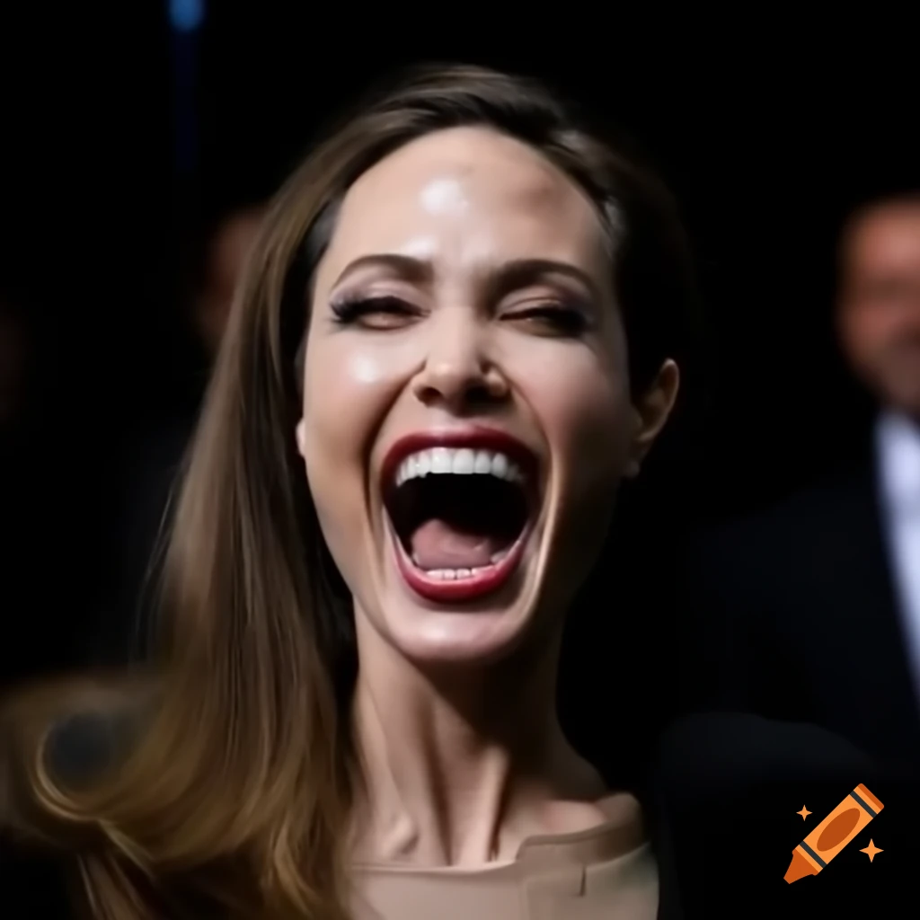 Angelina Jolie laughing joyfully with crinkled eyes and wide mouth