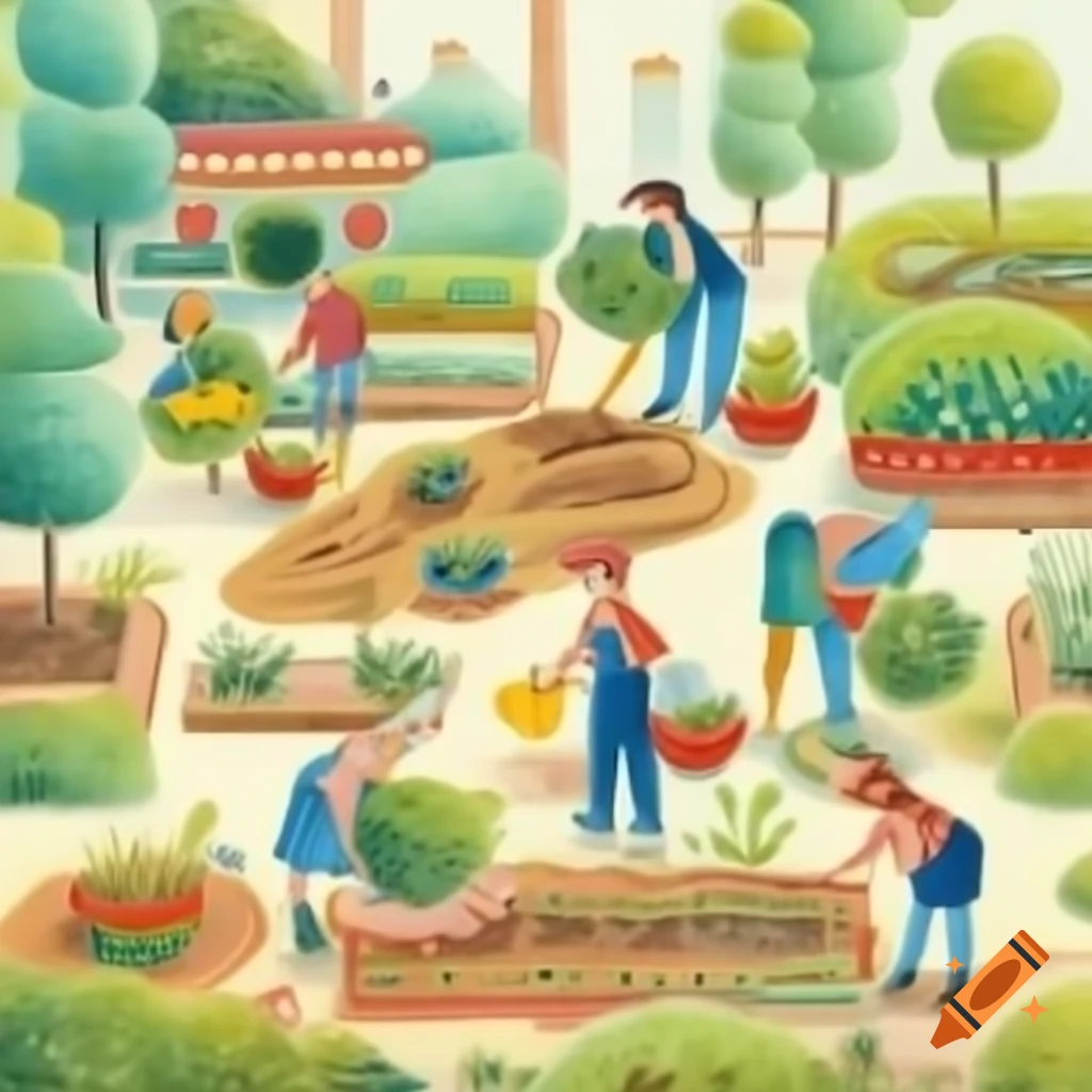 Whimsical watercolor painting of smiling people planting a garden in city square