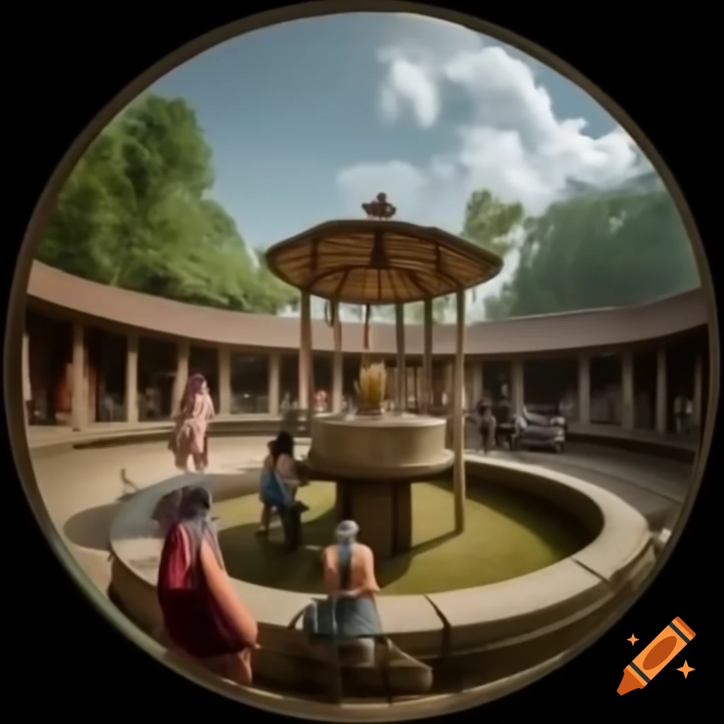 Women gathered around a wishing well