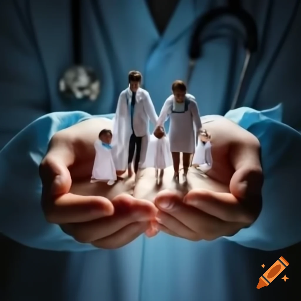 Doctor shielding family from virus with hands raised