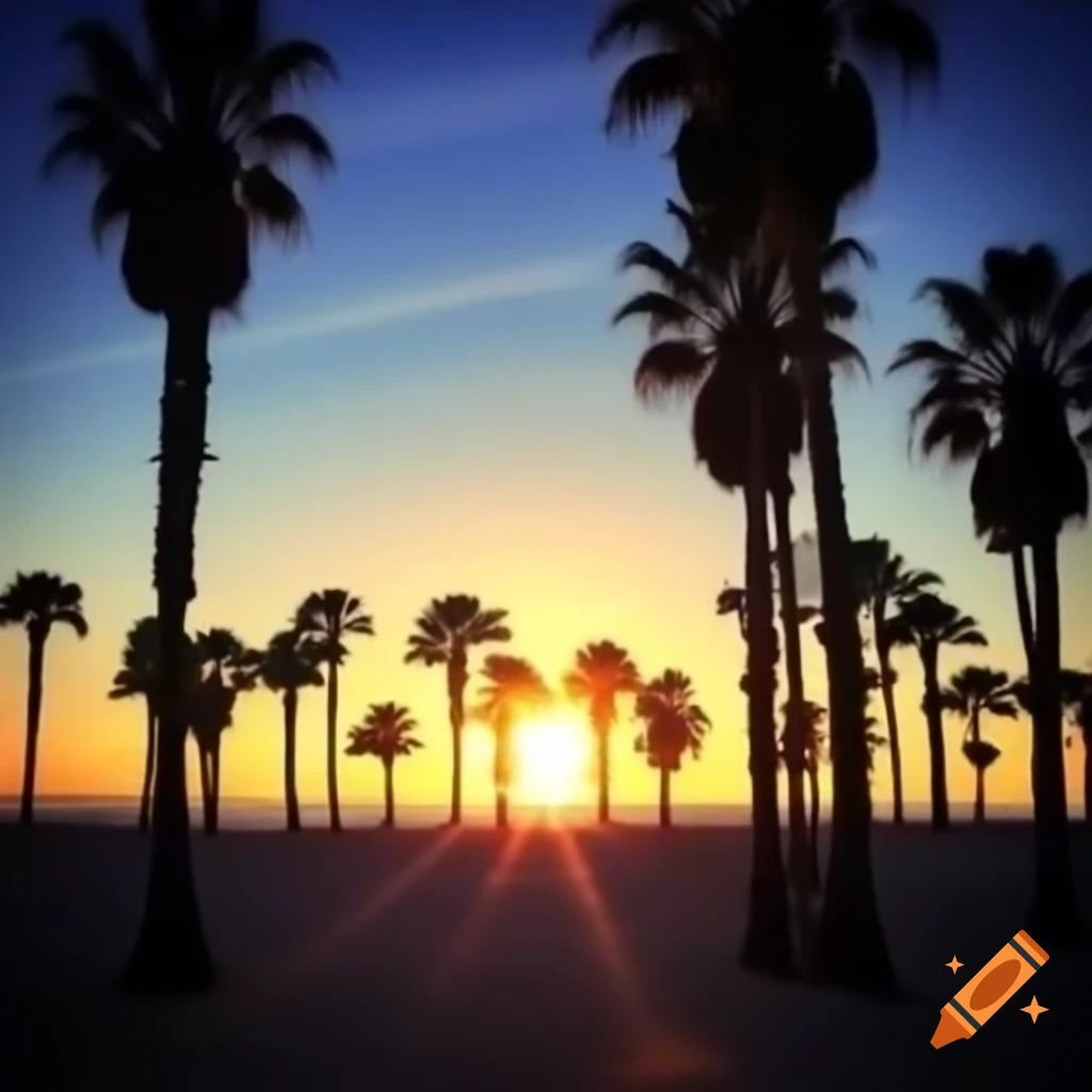 Photorealistic California beach sunset with palm trees