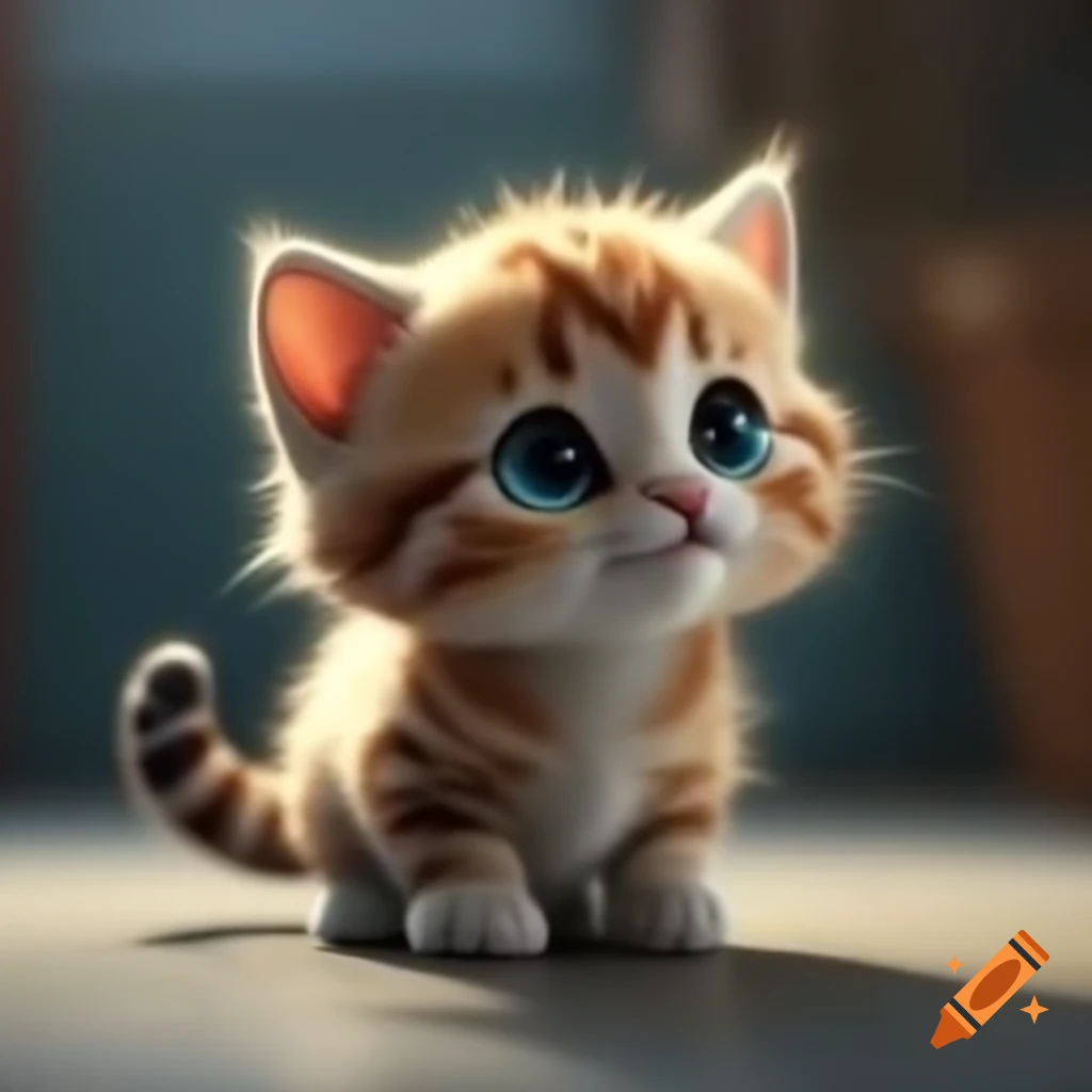 Fluffy kitten standing in 3D cartoon style