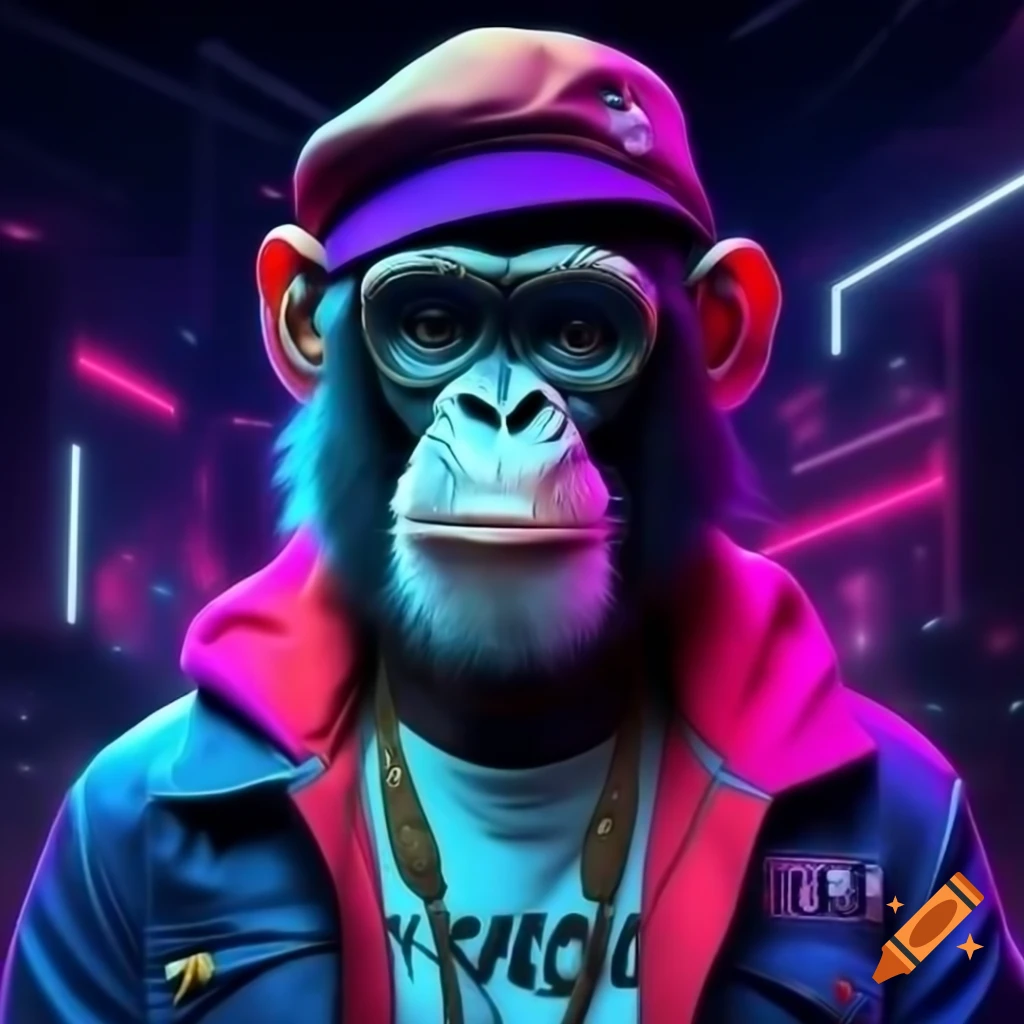 Stylized ape wearing OE t-shirt in neon colors against vibrant cityscape