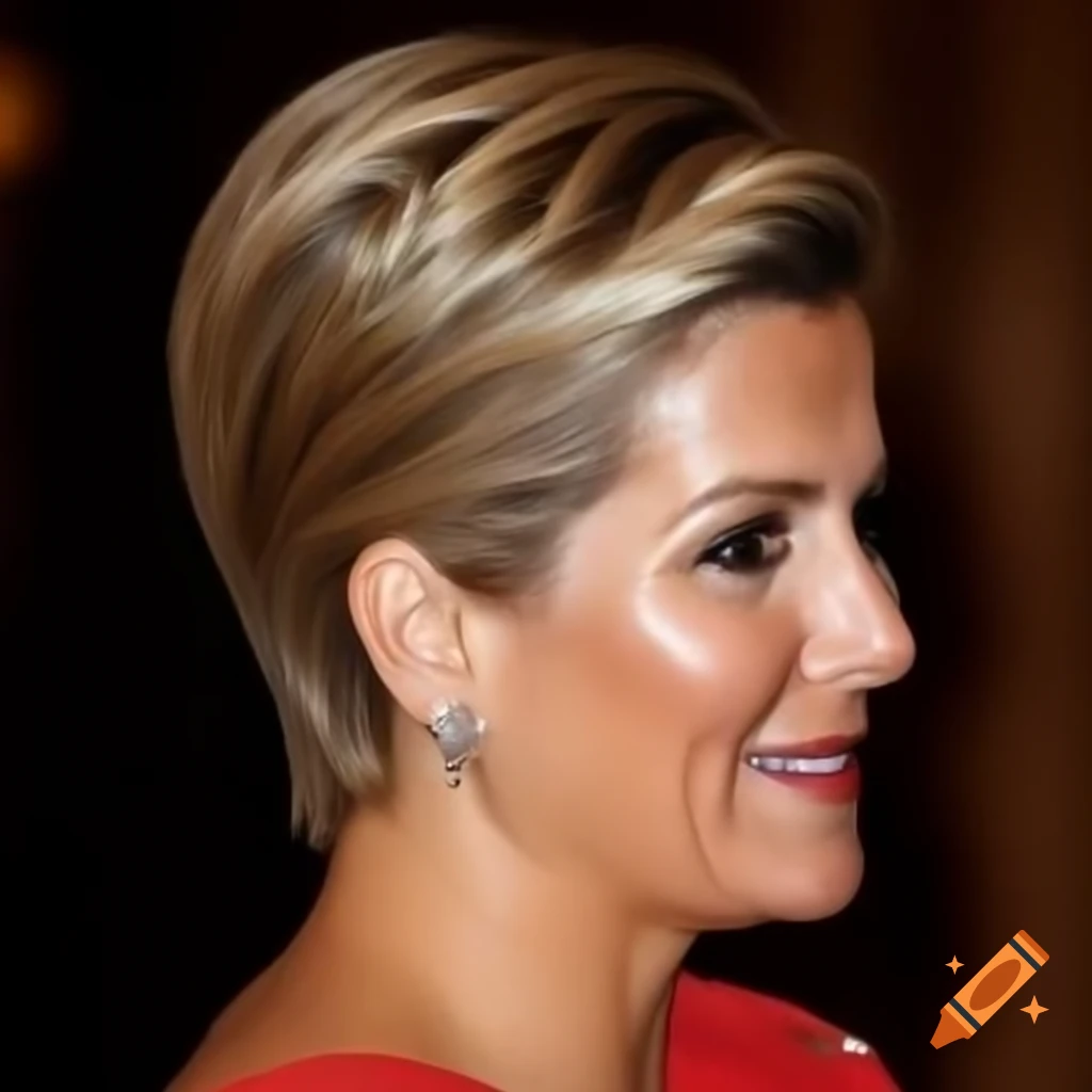 Queen Maxima showcasing a bold short pixie cut, side and rear view